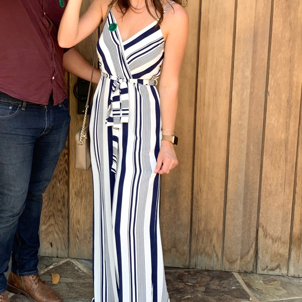 Blue and white striped jumpsuit
